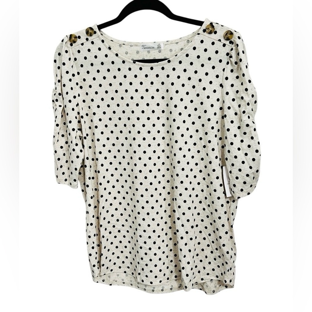 89th+Madison Top • L • Light Heather beige w navy polka dots, NWT